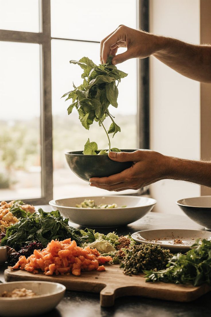 Sumando hierbas frescas a un bowl en la cocina
